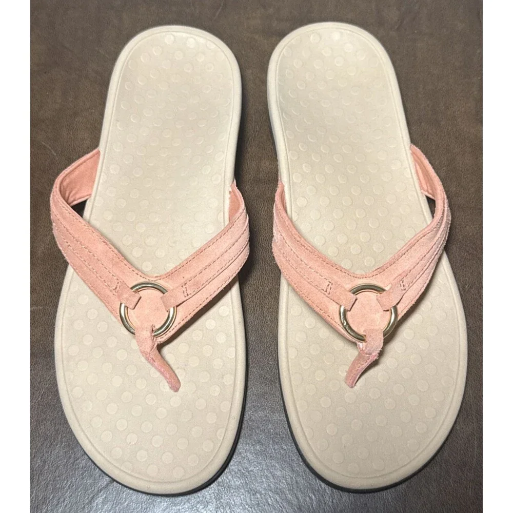 Vionic Tide Aloe Toe Post Sandals Pink / Orange Size 11 Gold Ring Detail EUC